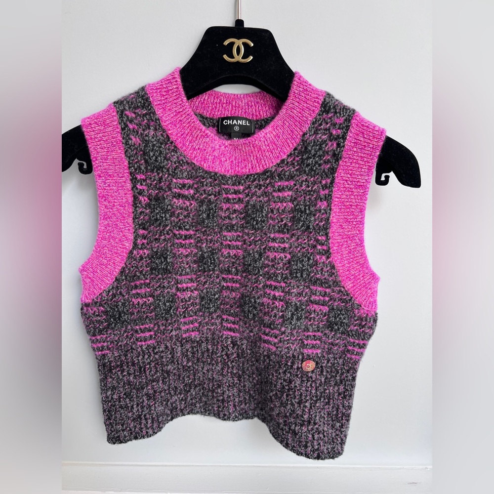 Chanel Pink and Gray Plaid Knit Vest